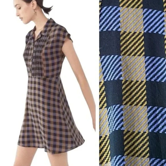 Urban Outfitters | Dresses | Urban Outfitters Dress Nancy Short Sleeve  Plaid Black Gold Mini Shirtdress Nwt | Poshmark